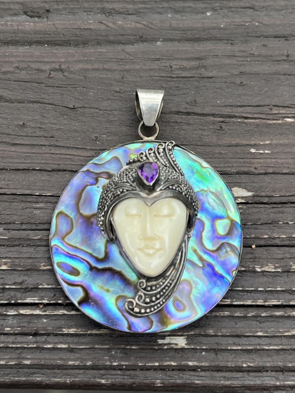 Vintage 925 Sterling Silver Carved Face Amethyst Gemstone Pendant